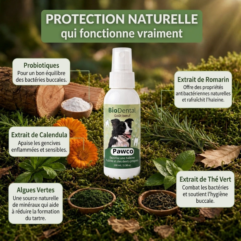 Spray Dentaire PawCo™ – Cible les bactéries responsables du tartre et de la mauvaise haleine chez le chien