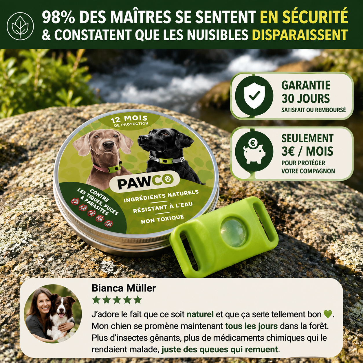 Pendentif Pawco™ - 12 mois de protection naturelle contre les puces, les tiques et les parasites