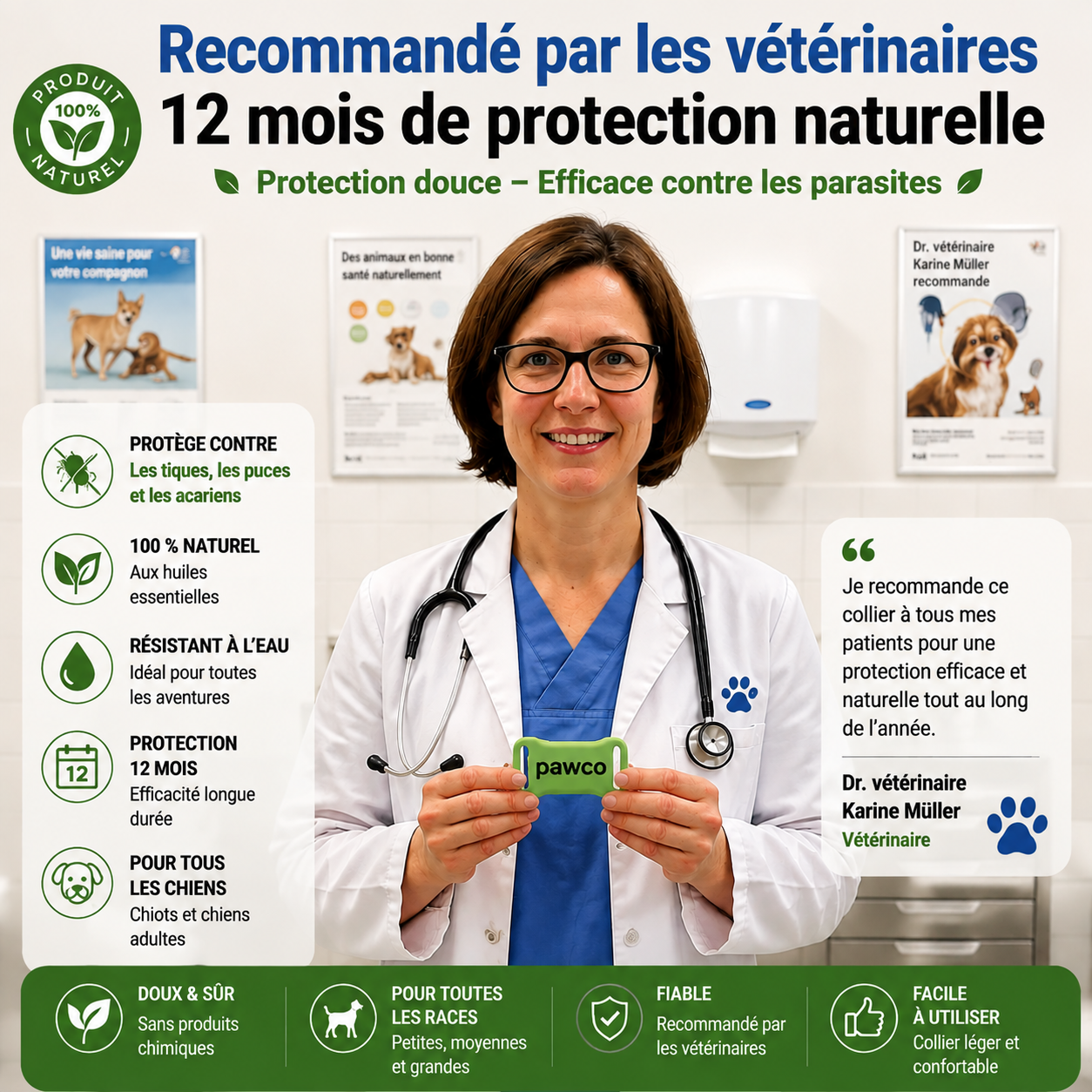 Pendentif Pawco™ - 12 mois de protection naturelle contre les puces, les tiques et les parasites